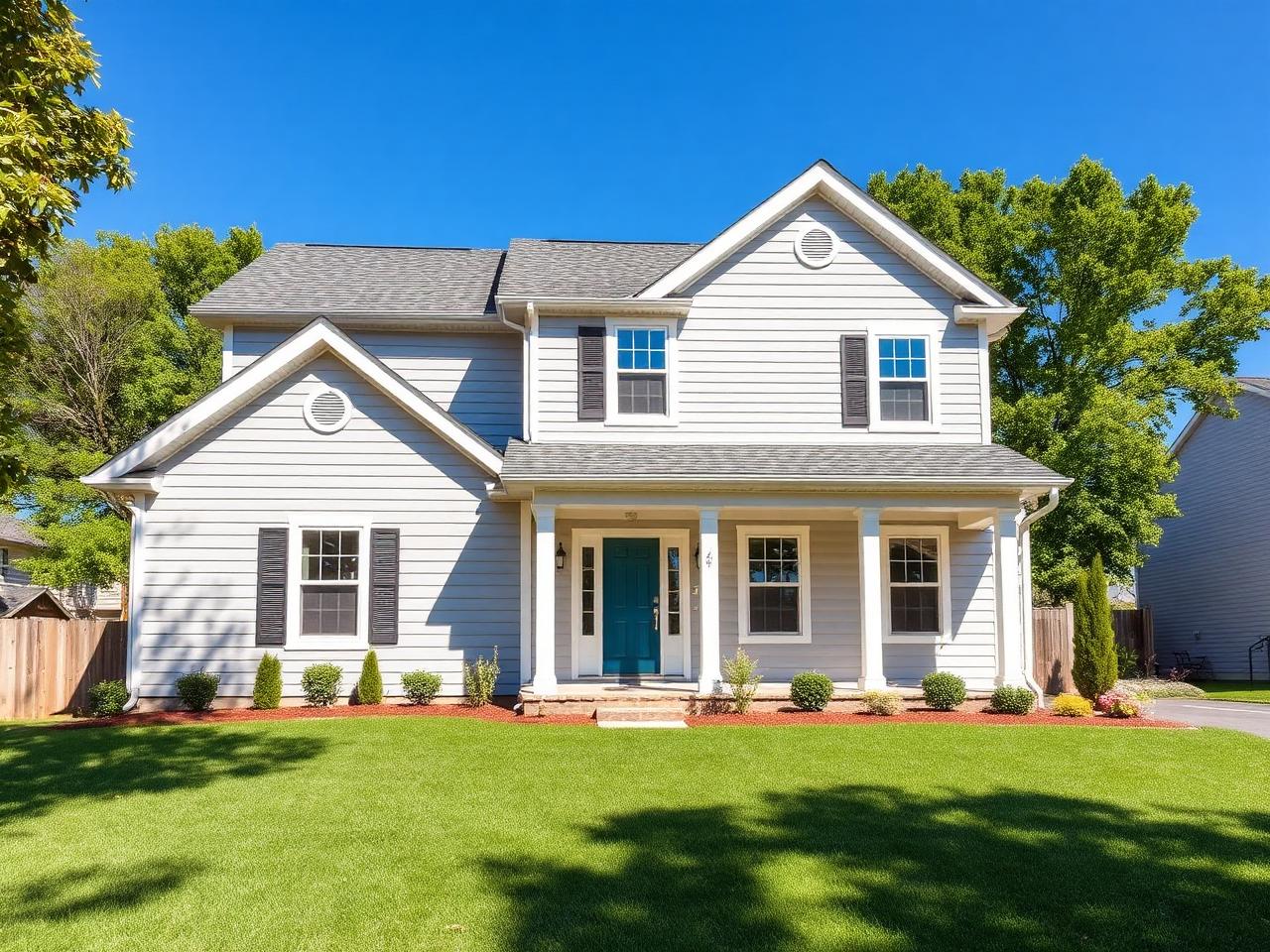 Two-story home with clean lap siding under a blue sky